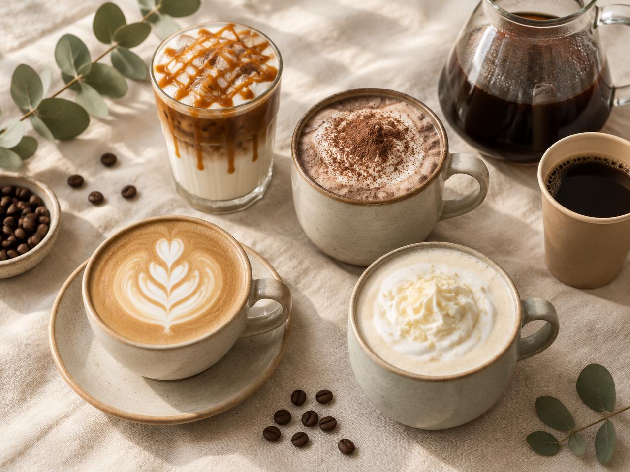 A latte with latte art, a caramel macchiato, a mocha, a white mocha, and a carafe of drip coffee arranged on a cream linen surface